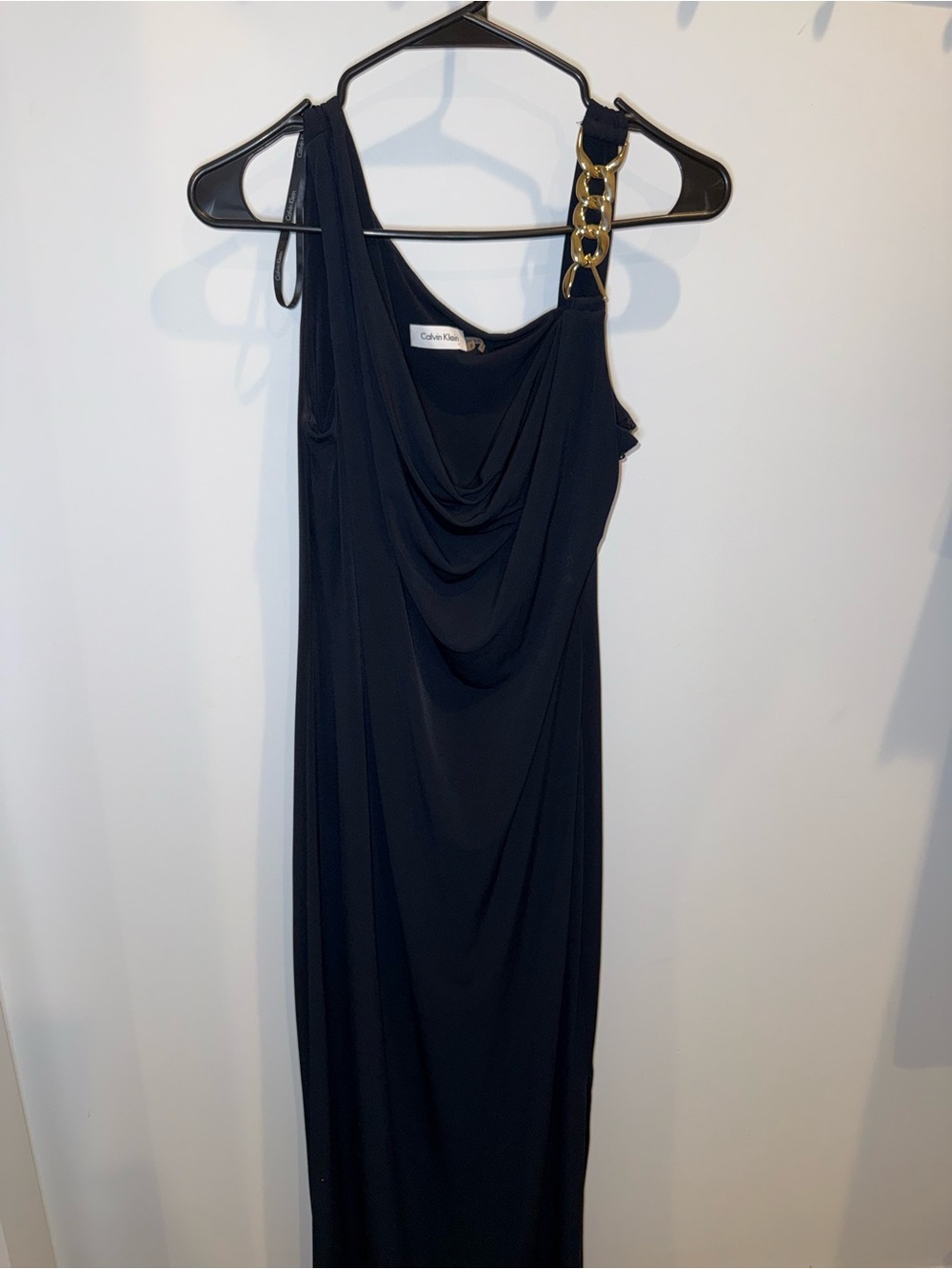 Calvin Klein Navy One-Shoulder Drape Maxi Dress with Gold Chain